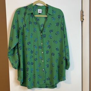 CAbi Go To Blouse Green Blue Floral Button Down Medium